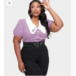 Unique Vintage purple plaid oversized collar blouse